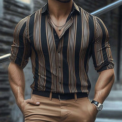 Men's Summer Retro Vertical Stripe Print Short Sleeve Shirt MTA2127C1U