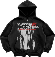 Hooded Sweatshirt with Bold Graphic Design and Zip-Up Closure