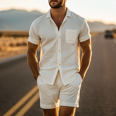 Men's Summer Fashion Casual Slim Fit Silk Cotton Short Sleeve Shirt Pocket Shorts Set MTA0387D3K