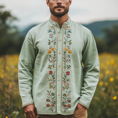 Men's Spring And Summer Fashion Retro Casual Stand-up Collar Embroidered Long-sleeved Shirt MTA2884C8K