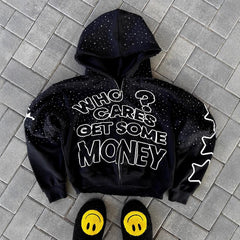 Stylish "Who Cares Get Some Money" Graphic Hoodie with Starry Night Design