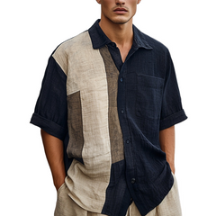 Men's Casual Skin-friendly Color Matching Ice Silk Wrinkled Short-sleeved Shirt 47624843U