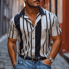 Men's Retro Casual Vertical Stripe Printed Chiffon Short Sleeve Shirt MTA2024C4K
