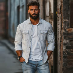 Men's Casual Comfort Cotton Linen Striped Lapel Chest Pocket Loose Long Sleeve Shirt MTA2792C0M