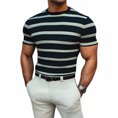 Men's Casual Contrast Color Striped Round Neck Slim Fit Knitted Short Sleeve Sweater T-Shirt MTA2519C9M