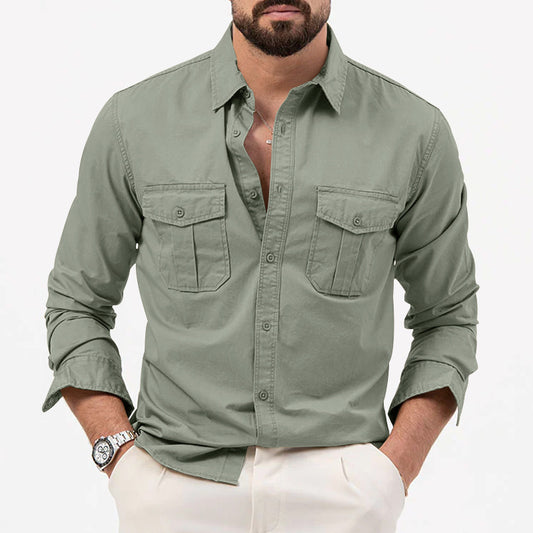 Men's Casual Button-Up Shirt with Chest Pockets - Perfect for Spring and Summer