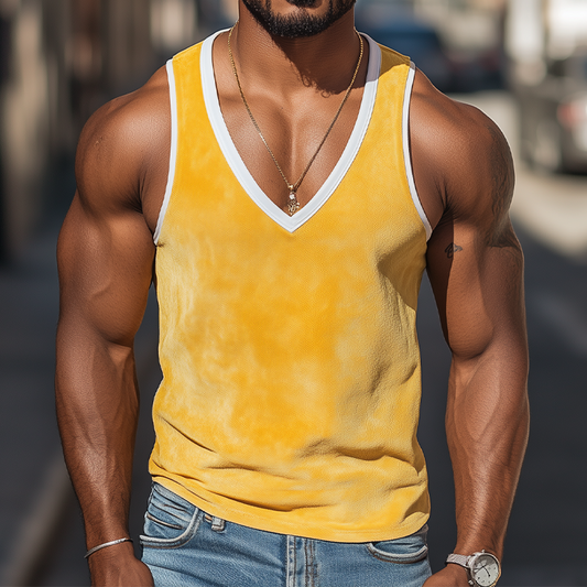Men's Summer Fashion Personality Leisure Deep V-neck Bright Color Stitching Suede Tank Top MTA0384D5K