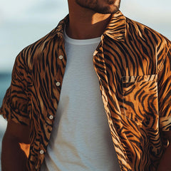 Men's Summer Retro Tiger Print Casual Short Sleeve Shirt MTA0168D2U