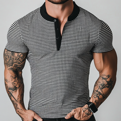Men's Retro Houndstooth Patchwork Henry Collar Slim Fit Short Sleeve T-Shirt MTA1944C2M