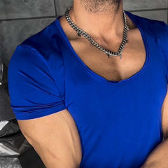 Men's Retro Casual Solid Color Elastic Round Neck Short Sleeve T-Shirt MTA1866C9TO