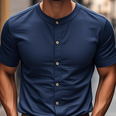 Men's Casual Cotton Round Neck Single Breasted Slim Fit Short Sleeve Shirt MTA3185C7M