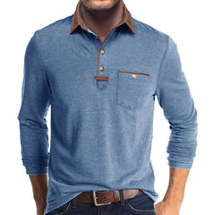 Men's Stylish Long Sleeve Polo Shirt with Contrast Collar and Chest Pocket