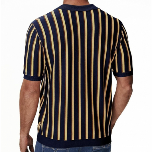 Men's Casual Contrast Color Striped Lapel Knitted Loose Short-Sleeve Polo Shirt MTA1402C0M