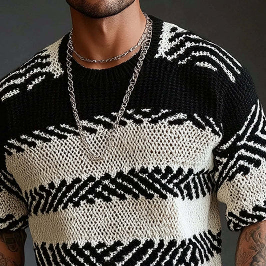 Men's Contrast Knitted Round Neck Half Sleeve Sweater T-Shirt MTA1740C9X