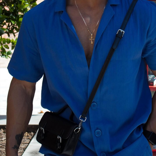 Men's Solid Notch Lapel Short Sleeve Shirt Shorts Casual Set MTA0800D7Z