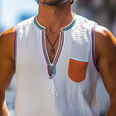 Men's Fashion Casual Colorful Ribbon Stitching Cotton And Linen Tank Top (Tassels Removable) MTA0900D9K