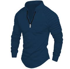 Stylish Men's Black Half-Zip Pullover With Pleated Shoulder Design