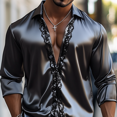 Men's Fashion Casual Lace And Satin Stitching Long Sleeve Shirt MTA1747C6K