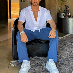 Men's Solid Notch Collar Single Breasted Short Sleeve Shirt MTA0878D6Z