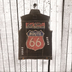 Vintage Route 66 Denim Vest for Motorcycle Enthusiasts