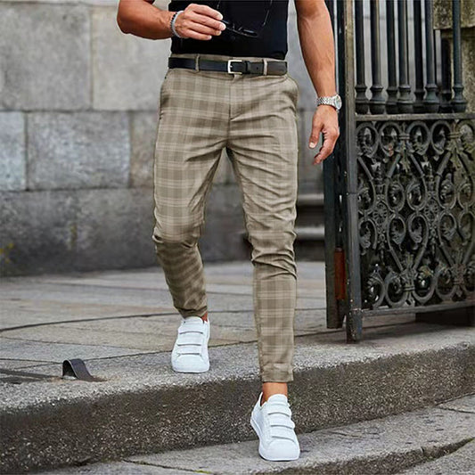 Autumn/Winter Men's Casual Check-Print Trousers - Mid-Waist, Slightly Stretchy, Relaxed Fit