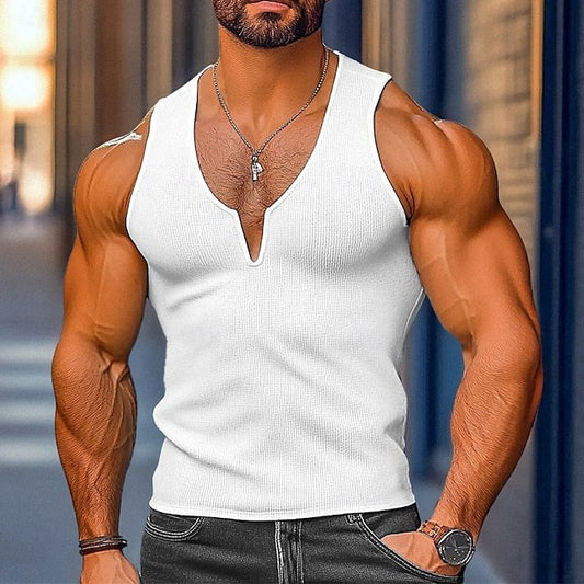 Men's Summer Knitted Waffle-Knit Tank Top: Slim-Fit, Athletic & Casual, V-Neck With Broad Shoulders