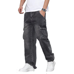 Men's Fashionable Cargo Denim Pants with Multi-Pockets and Casual Style