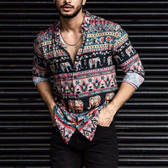 Men's Retro Colorblock Printed Casual Long Sleeve Shirt 01305362U