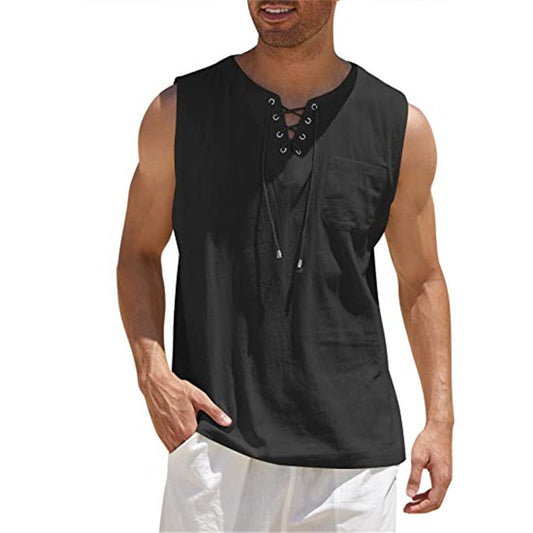 Men's Casual Lace-Up Neck Chest Pocket Sleeveless Vest Tank Top