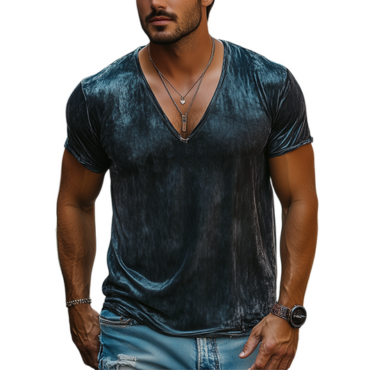 Men's Spring And Summer Fashion Leisure Silk Cotton Deep V Neck T-shirt MTA2429C7K