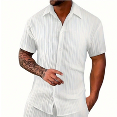 Men's Spring Fashion Casual Slim Fit Short Sleeve Shirt Length To Knee Shorts Set MTA0135D3K