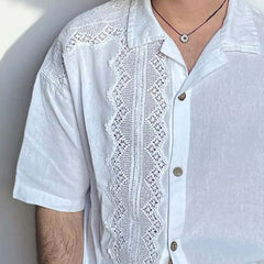 Men's Solid Color Lace Spliced Lapel Long Sleeve Shirt MTA0390D9X