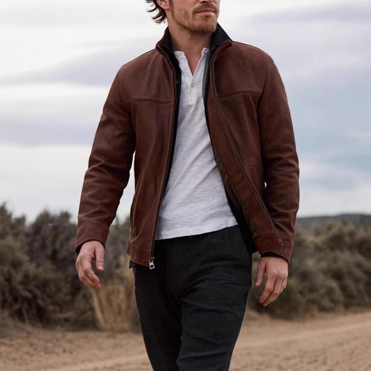 Soft Men's Leather Jacket - Zipper Design, Casual Outerwear