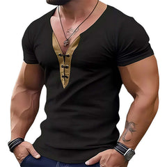 Men's Leather Collar Patchwork V-Neck Slim Fit Short Sleeve T-Shirt MTA2258C3U