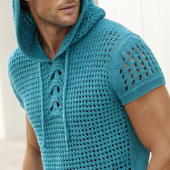 Men's Summer Fashion Casual Hooded Hollow Knitted Short Sleeve T-shirt MTA1013D0K