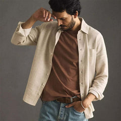 Men's Casual Apricot Cotton And Linen Long-sleeved Shirt 70178910U