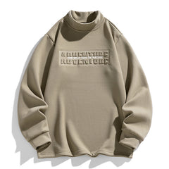 High-Neck Pullover Hoodie with Embossed Adventure Print - Perfect for Casual and Outdoor Wear