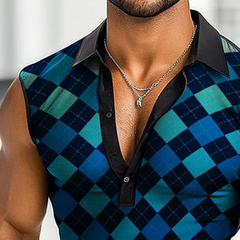 Men's Casual Diamond Mesh Print Lapel Tank Top MTA0974D1TO