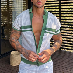 Men's Knit Striped Notch Lapel Single Breasted Short Sleeve Polo Shirt MTA0812D4Z