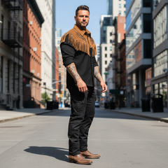 Men's Vintage Western Suede Contrast Embroidered Tassel Long-Sleeve Shirt