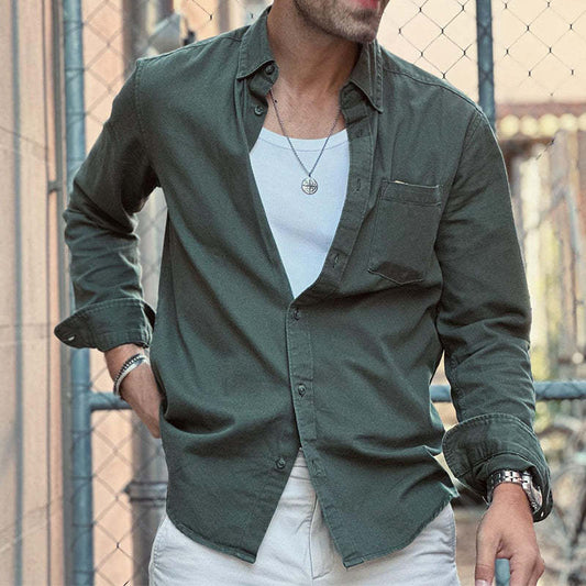 Men's Retro Casual Washed Workwear Lapel Pocket Long Sleeve Shirt 46705882TO