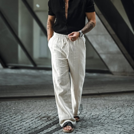 Men's Solid Cotton And Linen Mid Waist Straight Casual Pants MTA0192D1Z