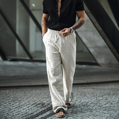 Men's Solid Cotton And Linen Mid Waist Straight Casual Pants MTA0192D1Z