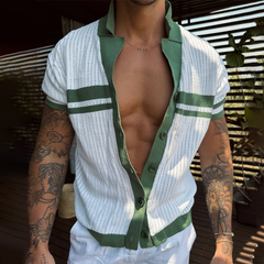 Men's Knit Striped Notch Lapel Single Breasted Short Sleeve Polo Shirt MTA0812D4Z