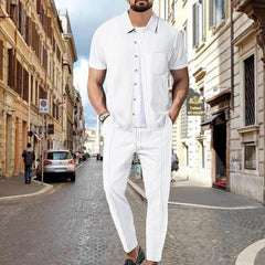 Men's Waffle Solid Color Short Sleeve Shirt And Pants Set 59383797X