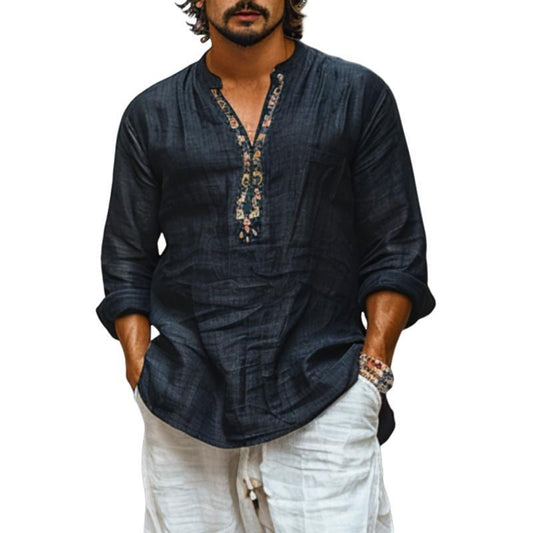 Men's Cotton And Linen Breathable Printed V-Neck Long Sleeve Shirt 44077225Y