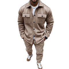 Men's Casual Khaki Jacket and Jogger Set - Stylish and Comfortable Two-Piece Outfit