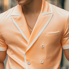 Men's Spring And Summer Fashion Slim Lapel Double-Breasted Tencel Cotton Short-Sleeved Shirt MTA0788D8K