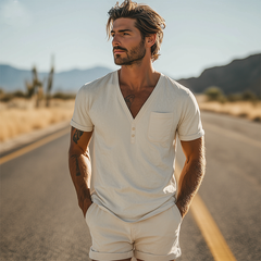 Men's Spring Fashion Casual Suede V-neck Short-sleeved T-shirt MTA0323D5K