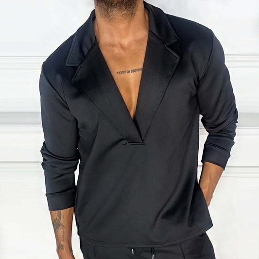 Men's Retro Casual Solid Color Pullover Lapel Long Sleeve Shirt MTA1925C4TO